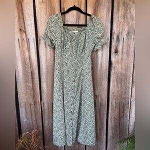 Cottagecore Milkmaid Dress Small Green Floral Puff Sleeve Button Front Midi